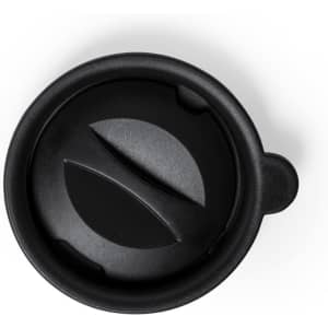 A black insulated cup lid with a curved opening and a small handle, featuring a simple logo design.