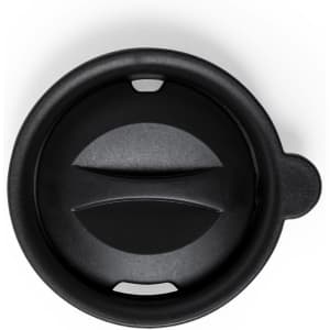 A drink lid in black, designed for use with insulated cups or travel mugs, featuring a sipper opening and handle.