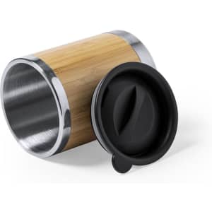A drink bottle featuring a bamboo exterior and stainless steel interior, with a black lid, along with branding.