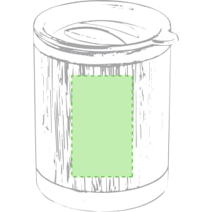 A drink bottle featuring a wood-like design, with a light green panel and a lid, includes a logo.