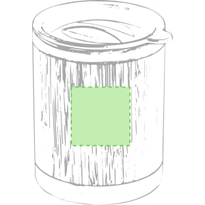An insulated cup with a wooden texture, featuring a green square on the front and a lid. It has a logo.