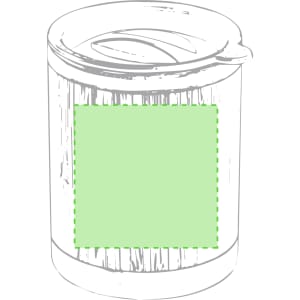 A drink bottle with a cylindrical shape, featuring a lid and a green accent area. It has a simple design and a logo.