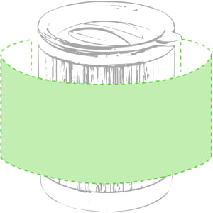 An insulated travel mug in a cylindrical shape with a lid, featuring a textured design and a logo.