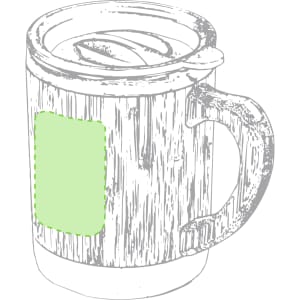 A travel mug with a textured wood grain design and a handle, featuring a blank area for custom branding.