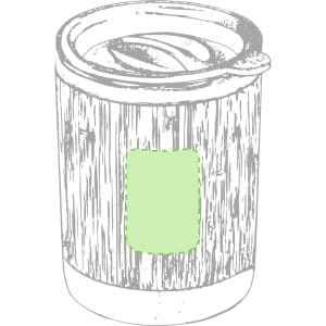A travel mug with a wooden design, featuring a lid and a blank area for branding. It has an insulated construction.