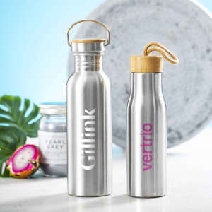 A drink bottle duo featuring stainless steel and wooden accents in silver and pink, with a logo on each bottle.