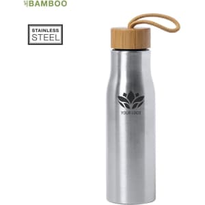 A drink bottle made of stainless steel with a bamboo lid and a logo. Features a sleek metallic design.