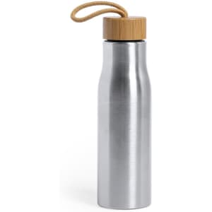 A drink bottle in shiny silver stainless steel with a bamboo lid and a cord handle.