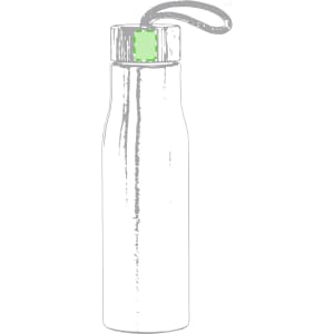 A drink bottle in silver with a green cap and a convenient carrying strap. It features a logo on the body.