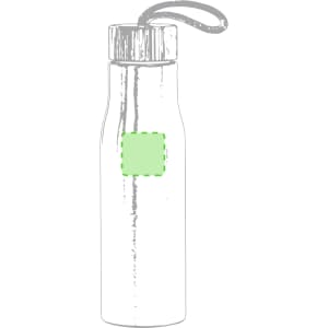 A drink bottle in a sleek design, featuring a green colour and a strap for easy carrying. It has an attached logo.