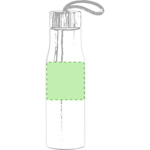 A drink bottle in a sleek design, featuring a green label area and a strap for easy carrying.