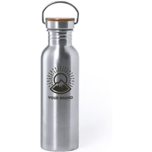 A drink bottle in silver metal with a wooden lid and a logo featuring a mountain design.