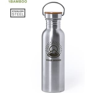 A drink bottle made of stainless steel with a bamboo lid, featuring a logo and a mountain design.