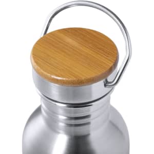A drink bottle with a stainless steel body and a wooden lid, featuring a metal handle.