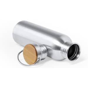 A drink bottle with a sleek silver aluminium body and a bamboo cap, featuring a handle for easy carrying.