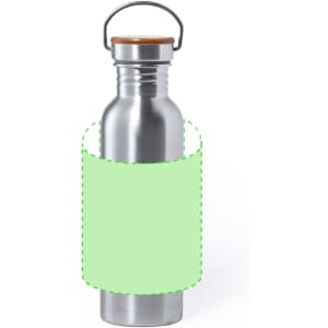 A drink bottle made of stainless steel with a wooden lid and a green label area. It includes a logo.
