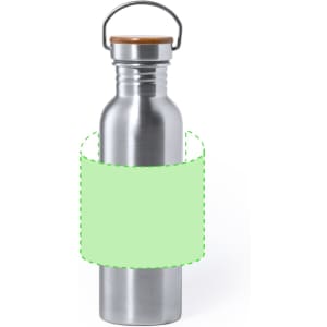 A silver drink bottle with a wooden lid and an empty green label area, featuring a metal handle.