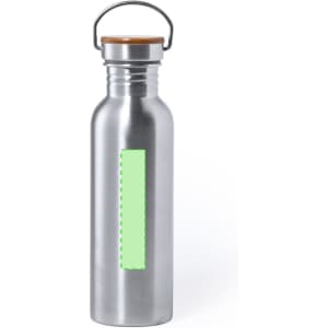 A drink bottle made of stainless steel with a wooden cap and a blank green label on the side.