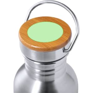 A drink bottle with a stainless steel body and a bamboo lid featuring a light green circular design.
