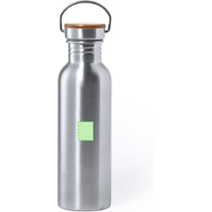 A drink bottle in silver stainless steel with a wooden top and a logo on the side.