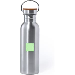 A drink bottle in stainless steel with a wooden lid and a logo on the side.
