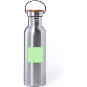 A stainless steel drink bottle with a wooden lid and a blank green label for customisation.