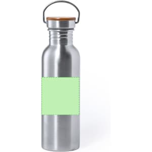A drink bottle in stainless steel with a wooden lid and a green label area for customisation.