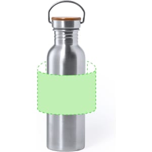 A drink bottle made of stainless steel with a wooden lid and a handle. The body is unmarked and sleek in design.