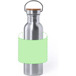 A drink bottle made of stainless steel with a wooden lid and a carrying handle, featuring a blank label.