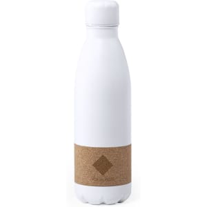 A drink bottle in white with a cork band and a branding logo, designed for beverages.