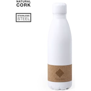 A drink bottle made of stainless steel with a white exterior and natural cork base. It features a logo.