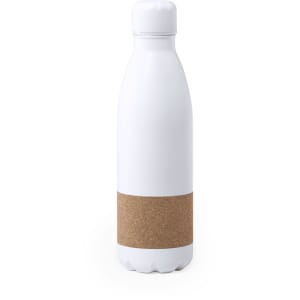 A drink bottle in white with a cork band around the middle. Features a sleek design and has a logo.