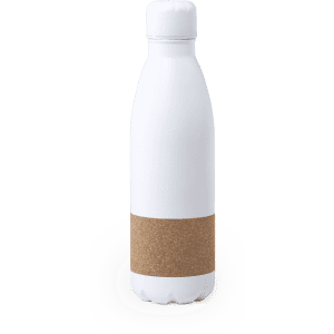 A drink bottle with a sleek white finish and a cork band around the middle. It has a rounded top.