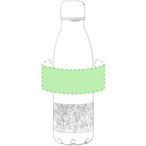 A drink bottle with a clear design, featuring a green band and a rounded top. It has a simple, modern look.