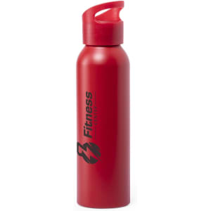 A drink bottle in red, featuring a logo and a contoured design with a spout for easy pouring.