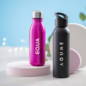 A drink bottle set featuring a pink stainless steel bottle and a black insulated bottle, both with logos.