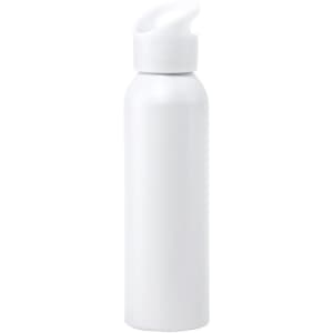 A drink bottle in white with a curved spout, featuring a simple design and a branding logo.
