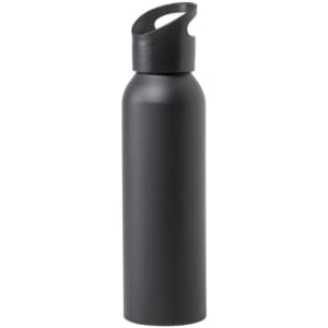 A drink bottle in matte black with a screw-on lid and a handle for easy carrying. Features a logo.