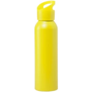 A drink bottle in bright yellow with a lid and a curved spout. It features a simple design and has a logo.