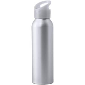 A drink bottle in a sleek silver finish with a curved top and a cap. It features a logo on the surface.