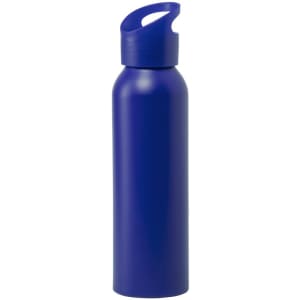 A drink bottle in solid royal blue with a screw top lid and a spout, featuring a logo.