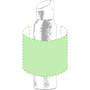 A drink bottle with a sleek design and a green sleeve, featuring a logo on its surface.