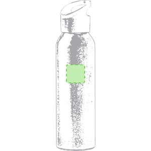 A drink bottle with a stainless steel finish and a green area for branding. It features a screw-top lid.