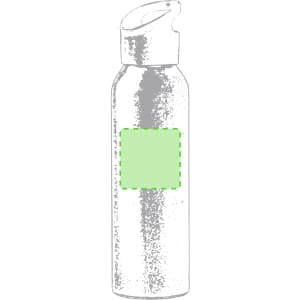 A drink bottle in a silver finish with a green label area and a spout lid. It features a logo design.