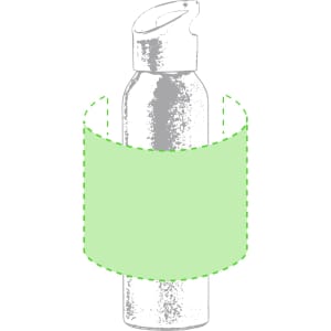 A drink bottle in a metallic finish with a green and grey design element, featuring a logo.