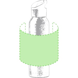 A drink bottle in silver with a green sleeve and a logo design on the surface.