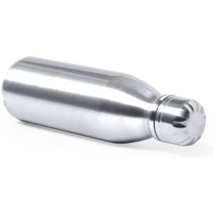 A drink bottle with a sleek stainless steel finish, featuring a rounded cap and a logo on the body.