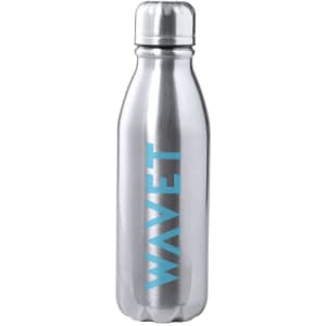 A drink bottle with a sleek silver finish and a blue logo, featuring a contemporary design.