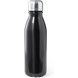 A drink bottle with a sleek black finish and a shiny silver cap. It features a branded logo.