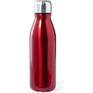 A red stainless steel drink bottle with a silver cap and a smooth metallic finish, featuring a logo.